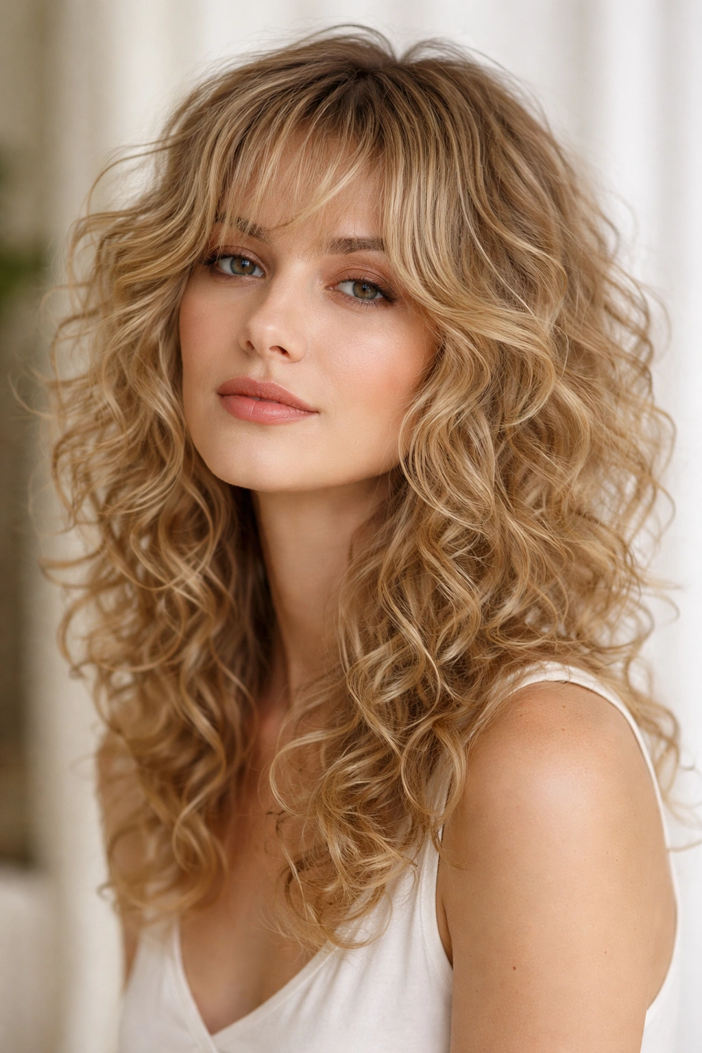 Shag hairstyle with blended layers on fine curly hair for an oblong face