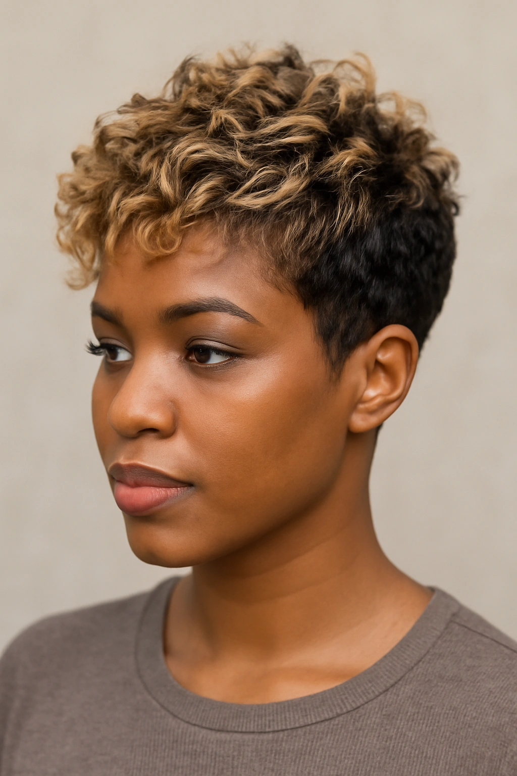 Portrait of a Black woman with blonde highlights in a textured short cut