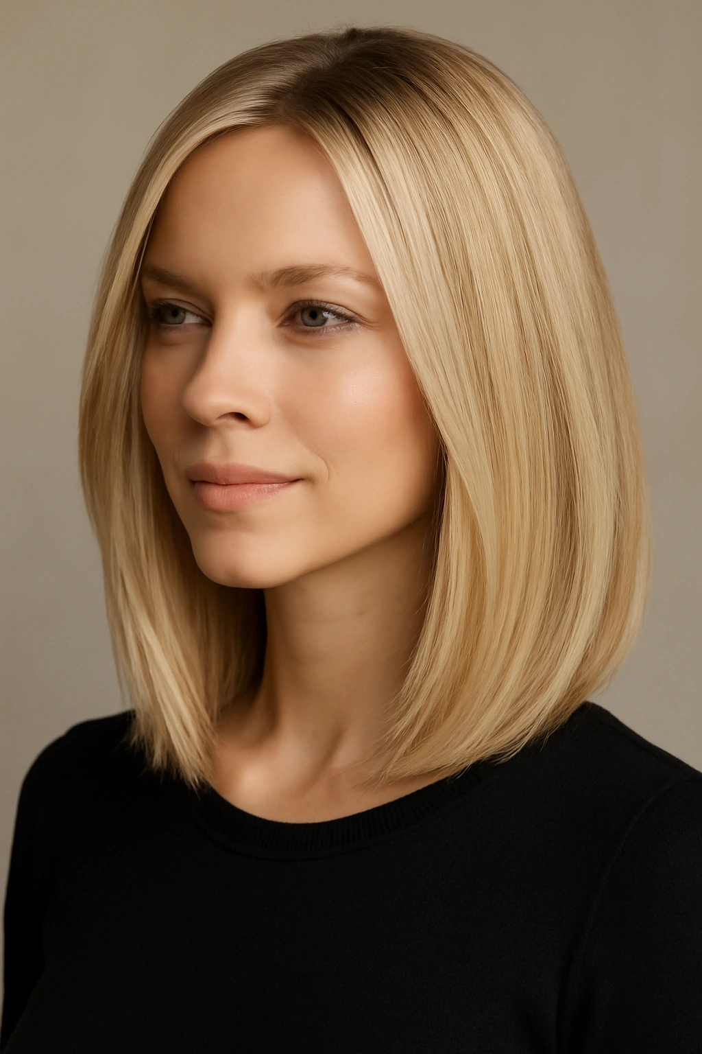 Close-up of straight blonde chic lob with subtle face-framing layers