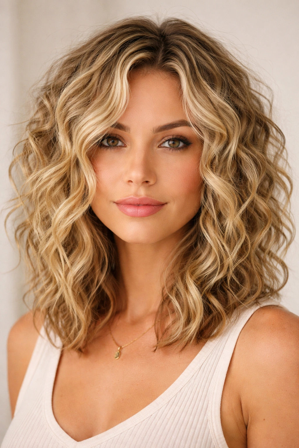 Shoulder-length blonde lob with heavy texture on curly hair