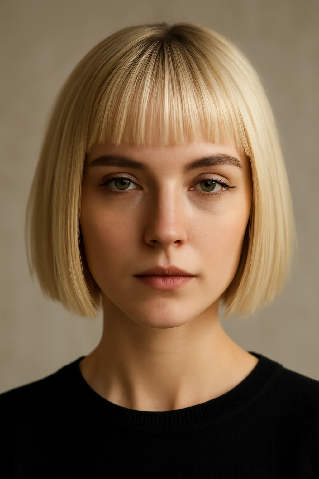 Blonde micro fringe with a bob silhouette
