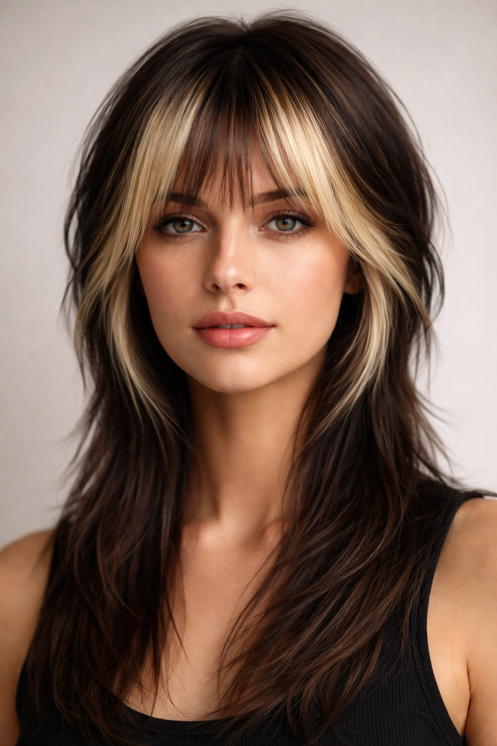 Front-facing portrait of The Blonde Money Piece Mullet with face-framing blonde pieces on dark straight hair