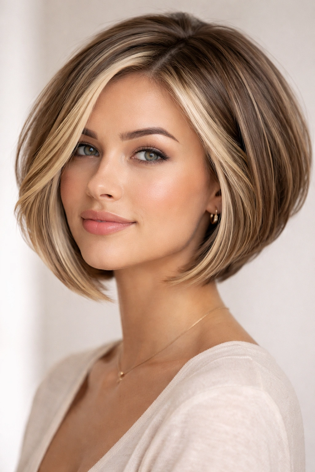 Close-up of blonde stacked bob with lighter money pieces framing the face