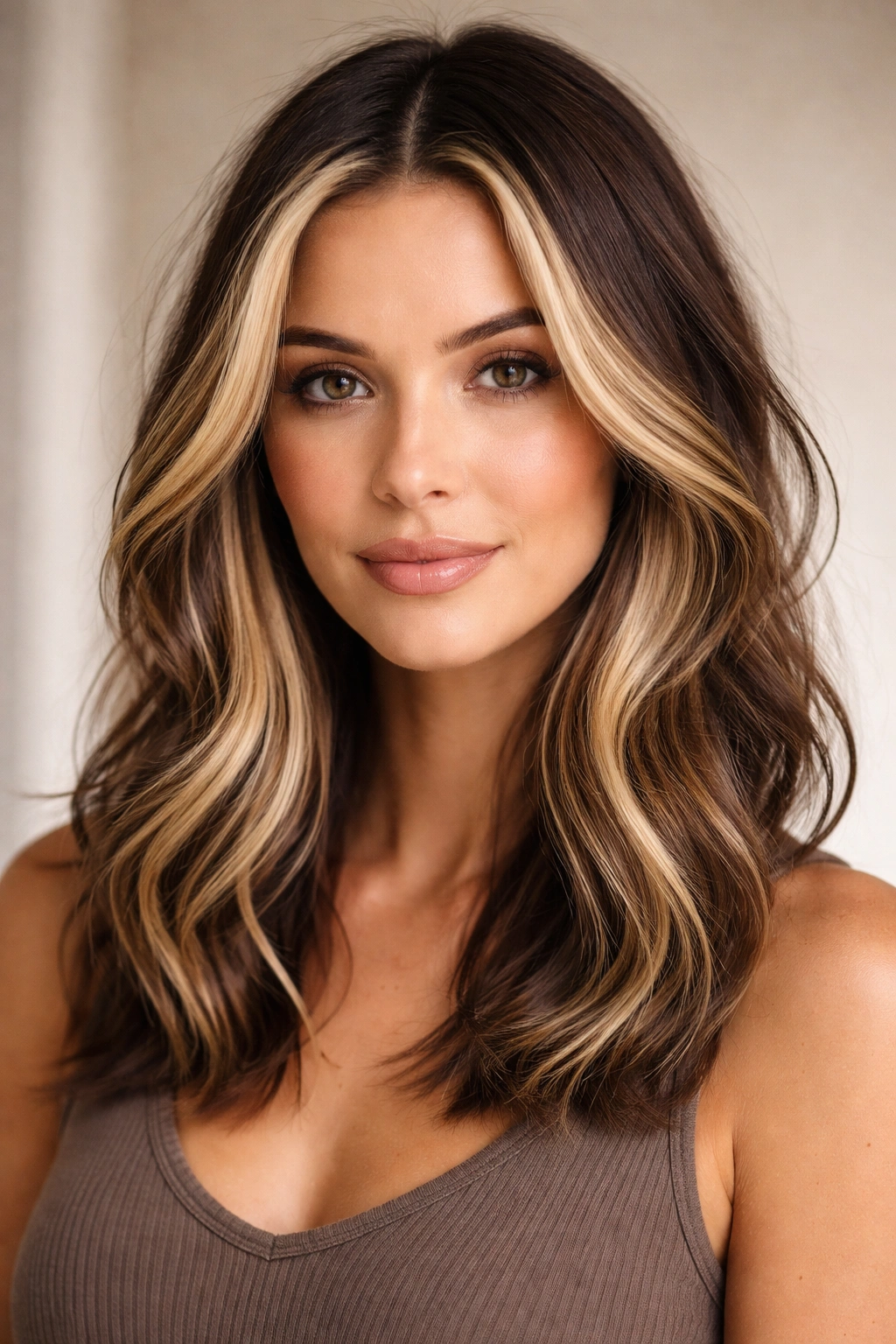Darker base hair with lighter blonde money pieces framing the face
