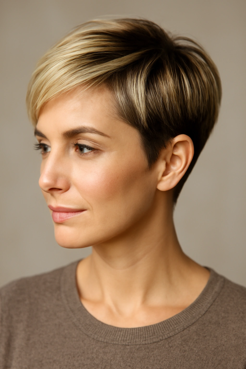 Close-up of a blonde pixie with darker roots and dimensional color