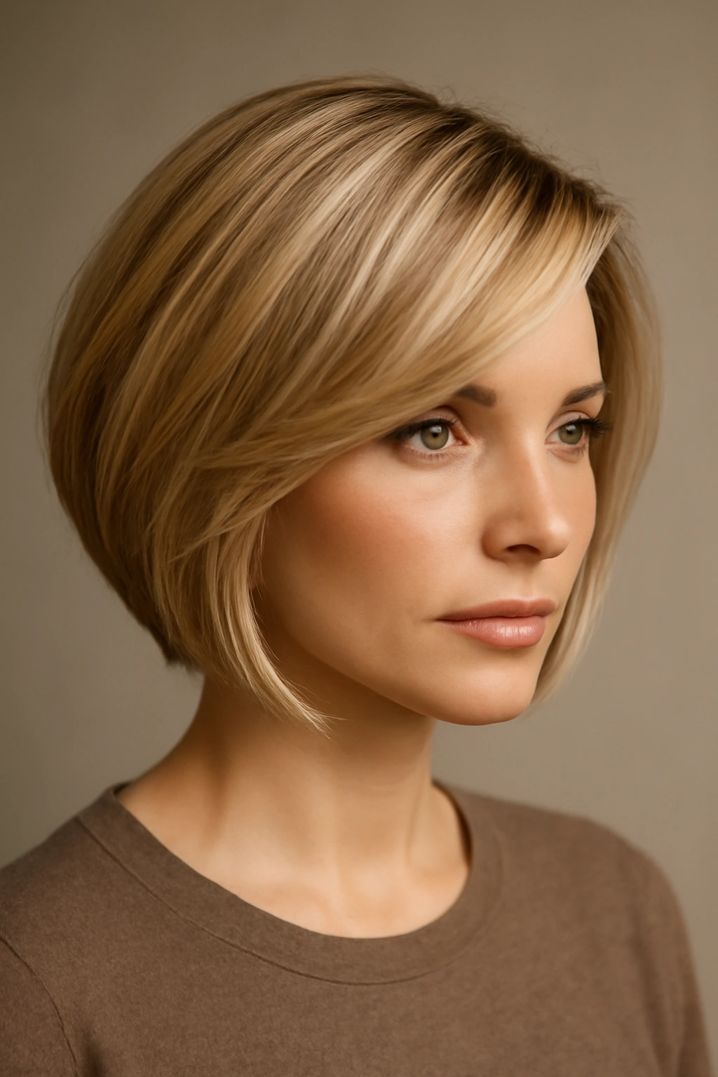 Side-swept layered blonde bob with face-framing layers