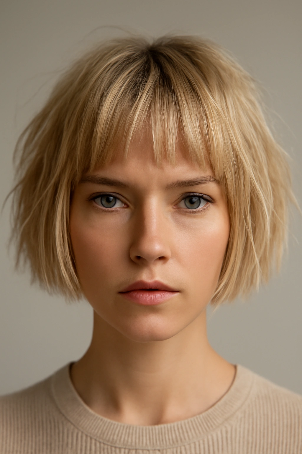 Close-up of a short blonde blunt textured crop with chunky top texture
