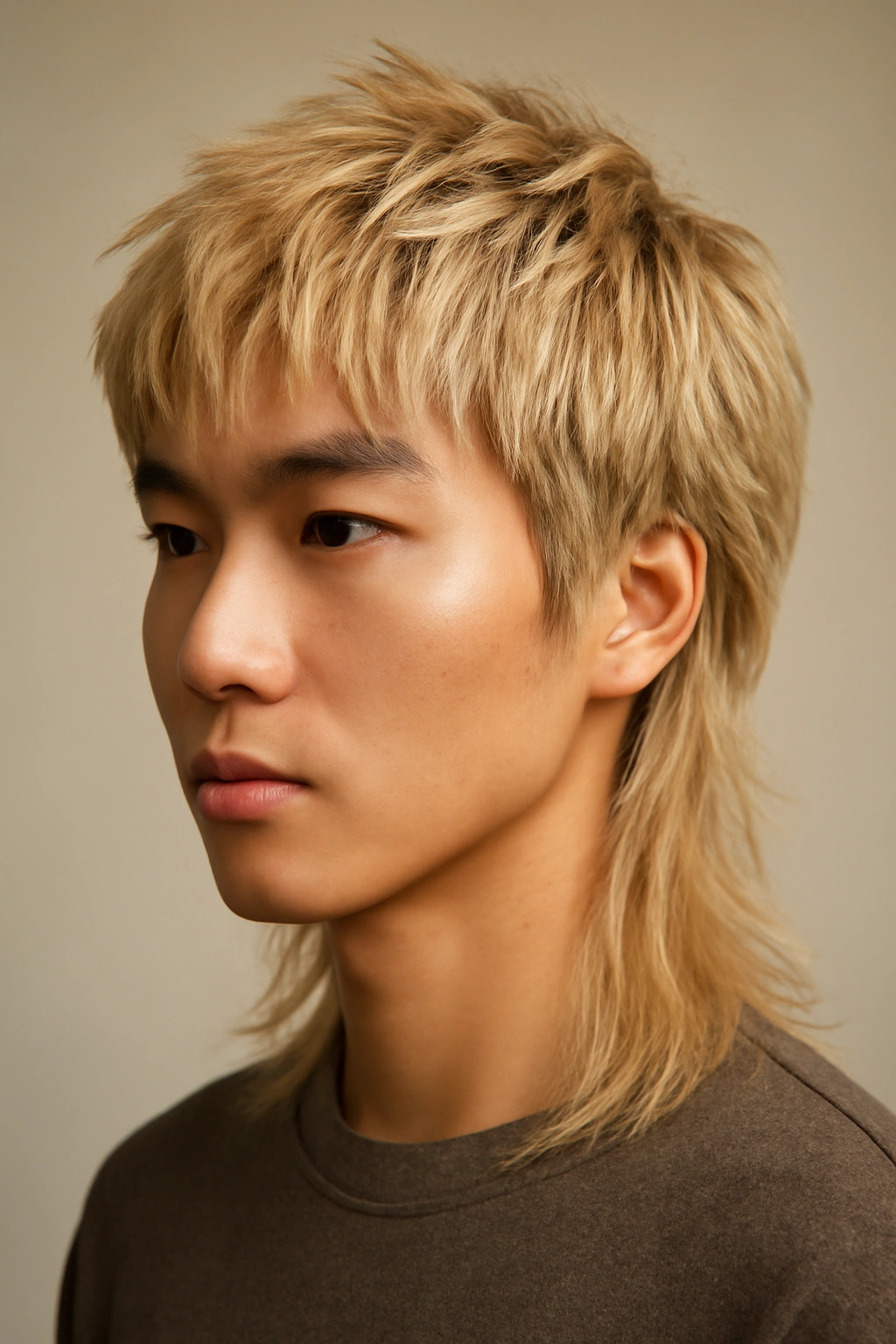 Close-up portrait of a person with blonde textured mullet showing layered hair and dimensional color