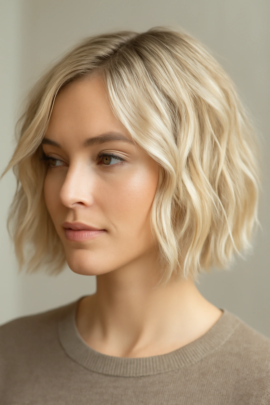 Chin-length blonde bob with soft beachy waves and light, airy texture