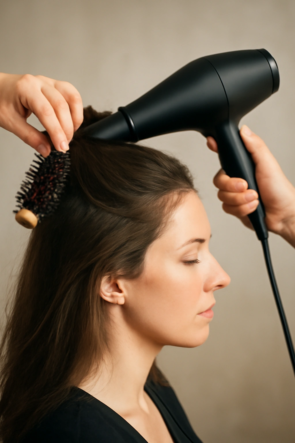 Bridal hair being blow-dried for volume with a round brush.