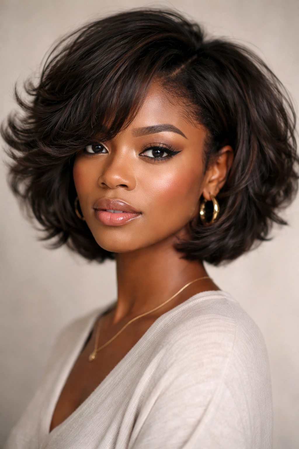 Blown-out textured bob with face-framing length and cropped back