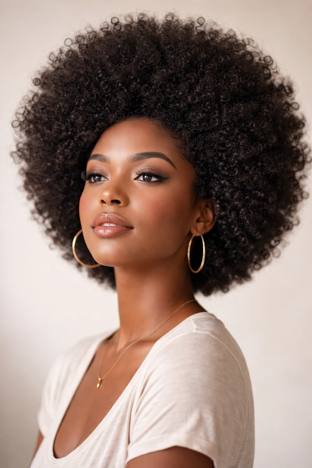 Classic blowout hairstyle with voluminous rounded afro silhouette in studio