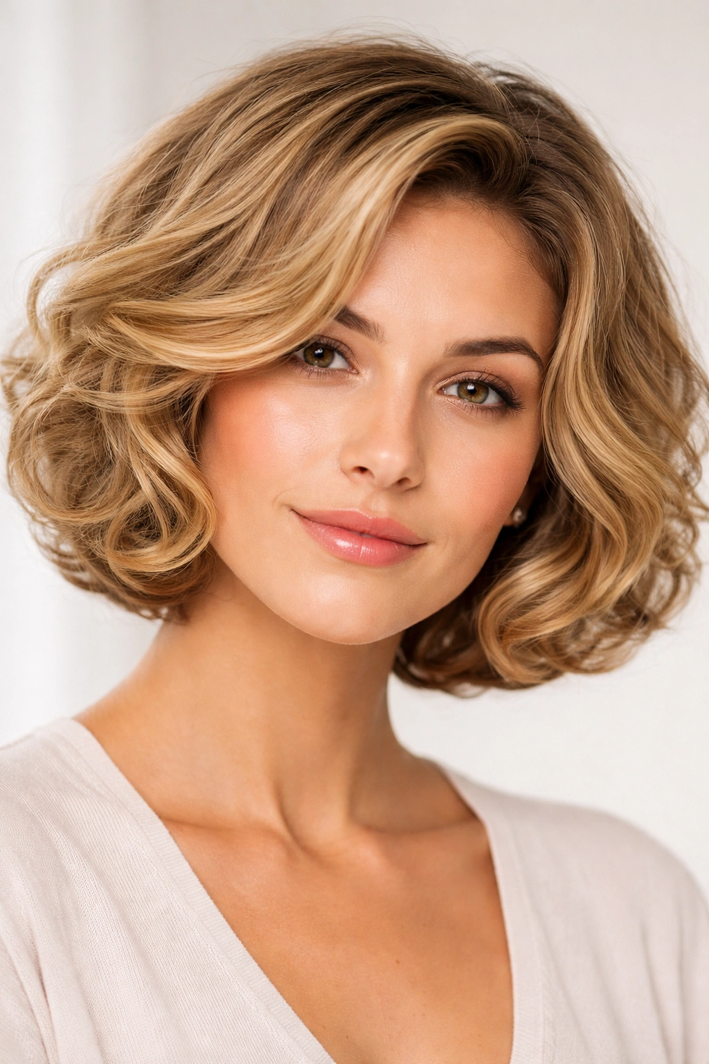 Blowout bob on fine curly hair with defined curls and shine
