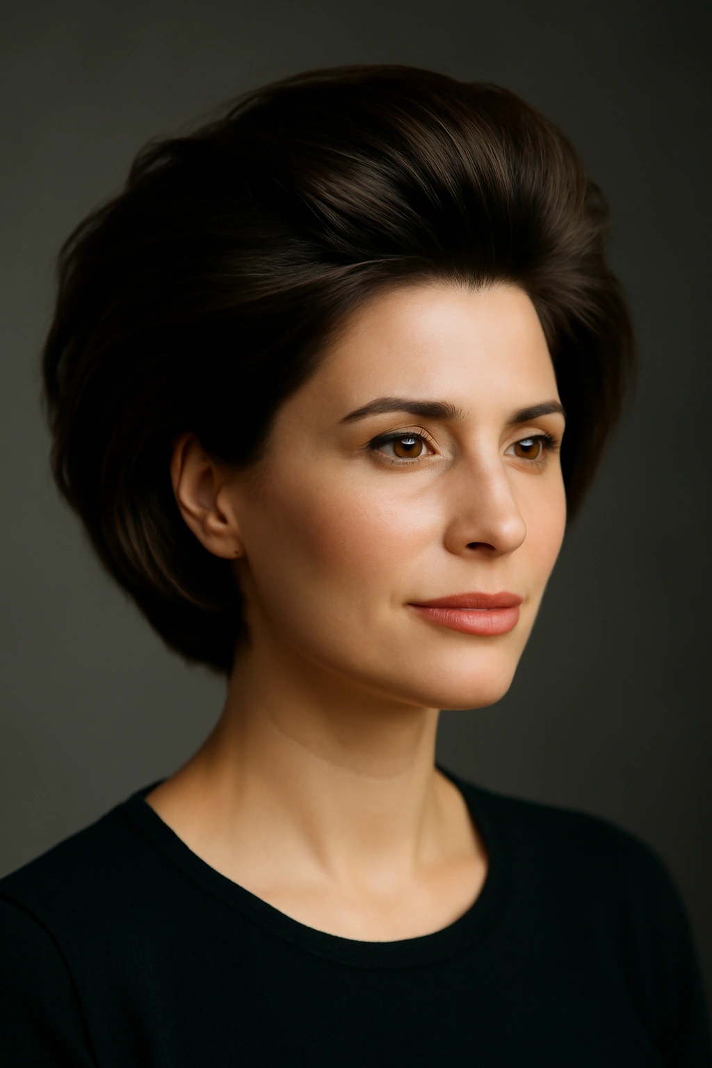 Close-up of blowout hairstyle with volumized crown on short hair