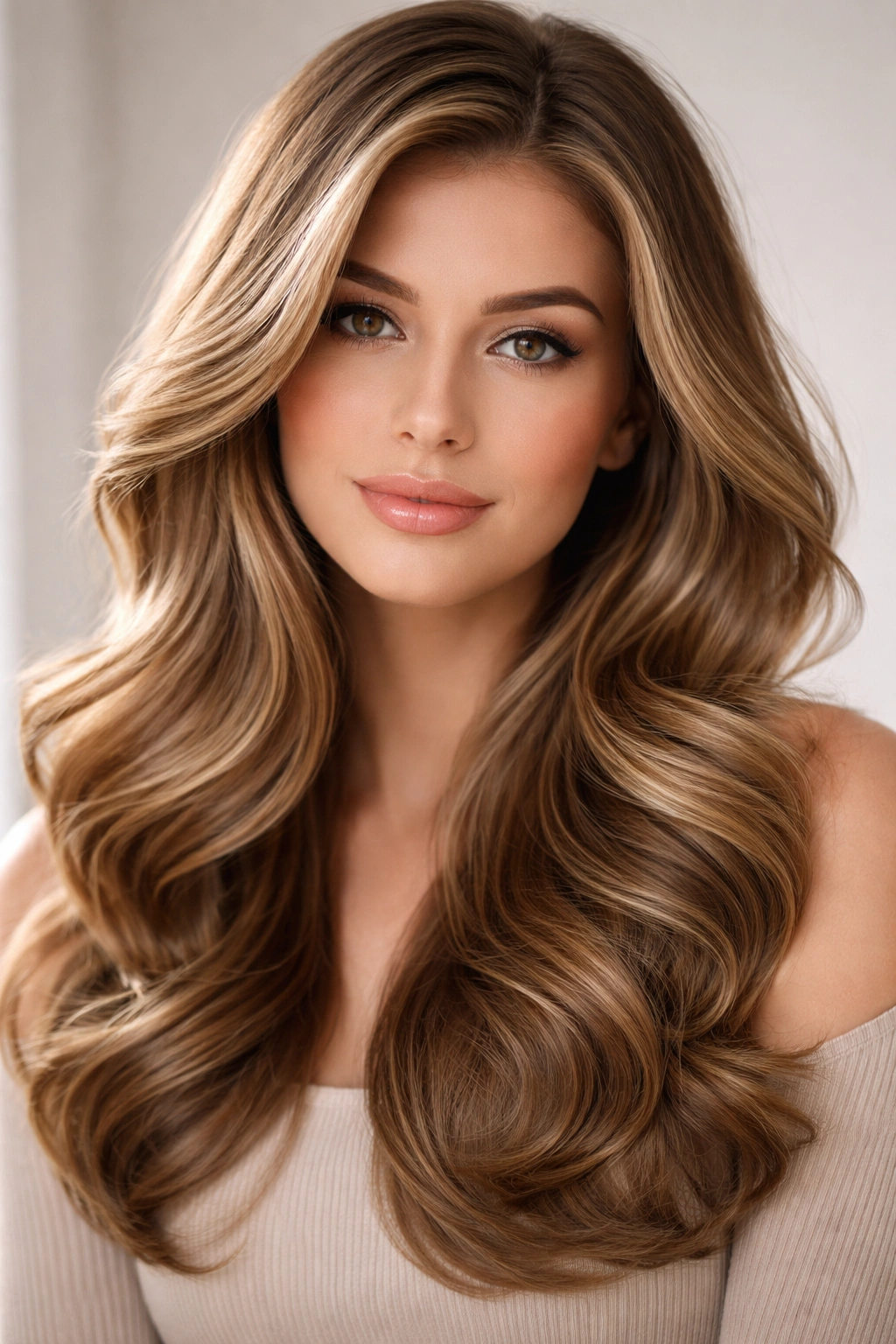 Portrait of a person with a voluminous blowout and glossy waves.