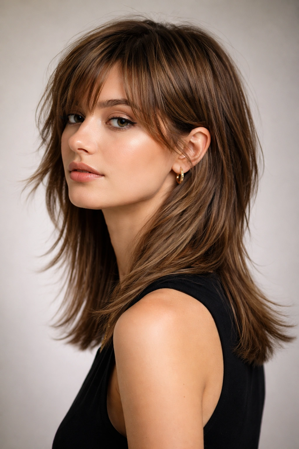 Profile view of a person with a blunt-back soft mullet showing blunt back hem and textured front