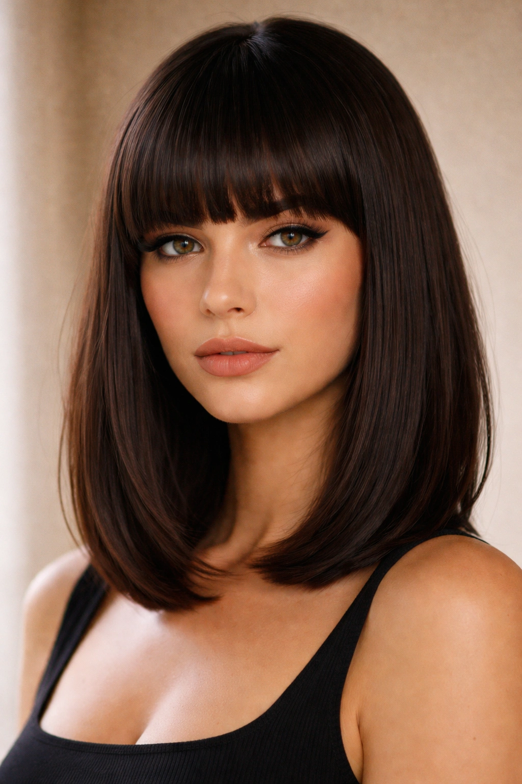 Portrait of a blunt-banged lob with straight-across bangs.
