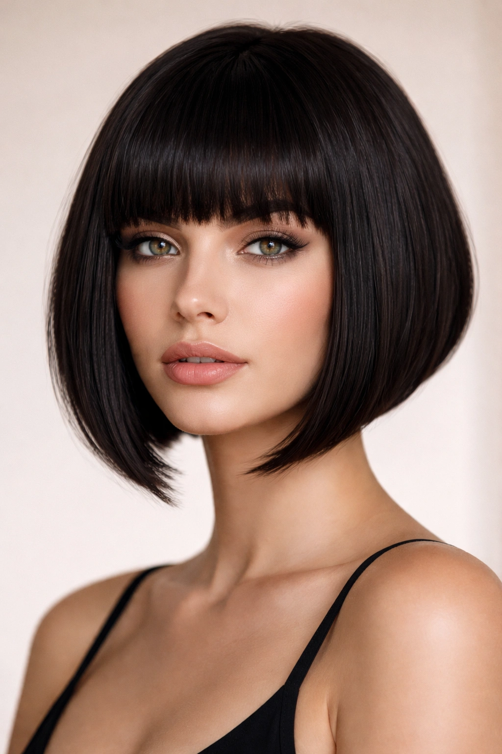 Angled bob with blunt straight-across bangs framing the face