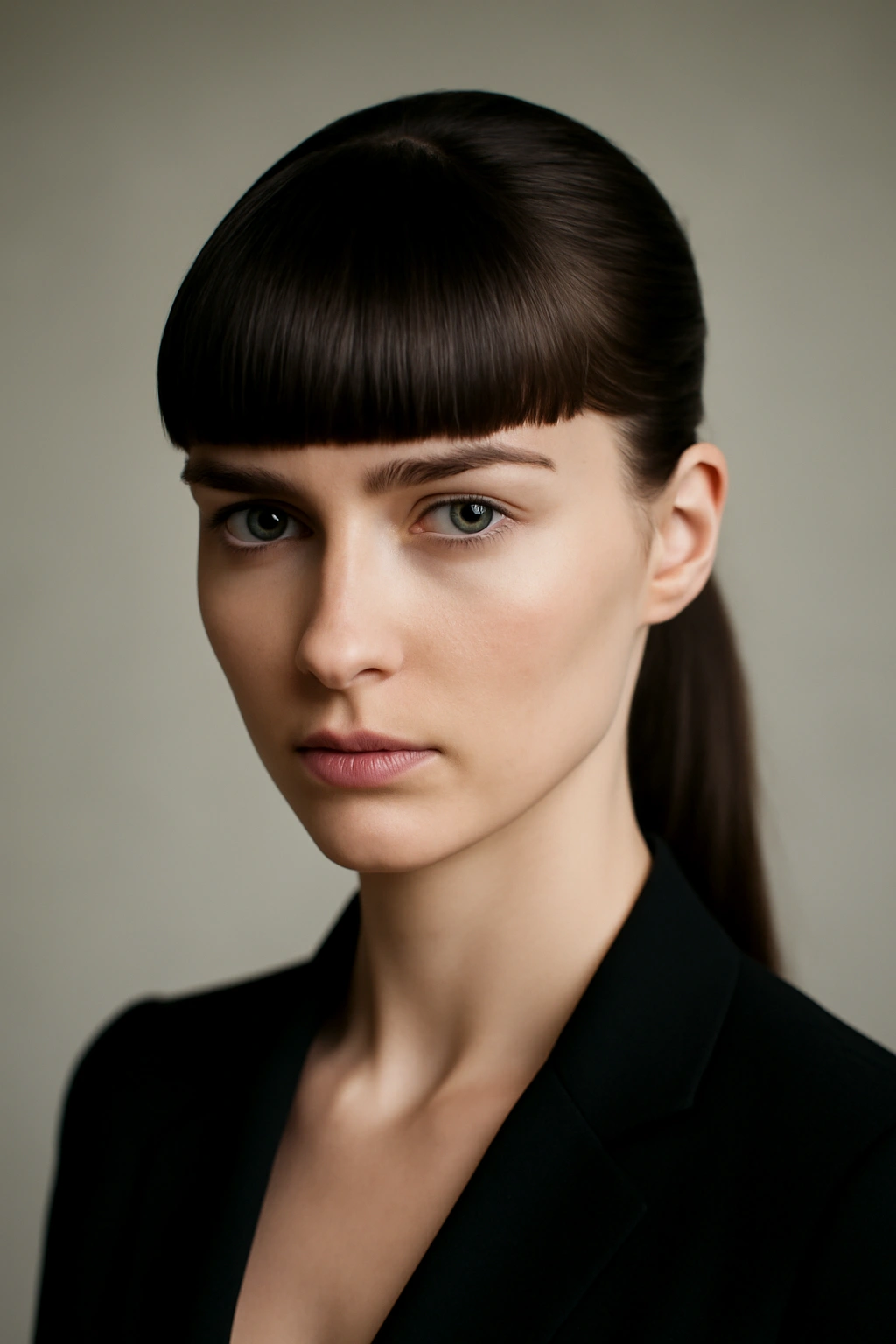 Front view of blunt bangs with a sleek back hairstyle