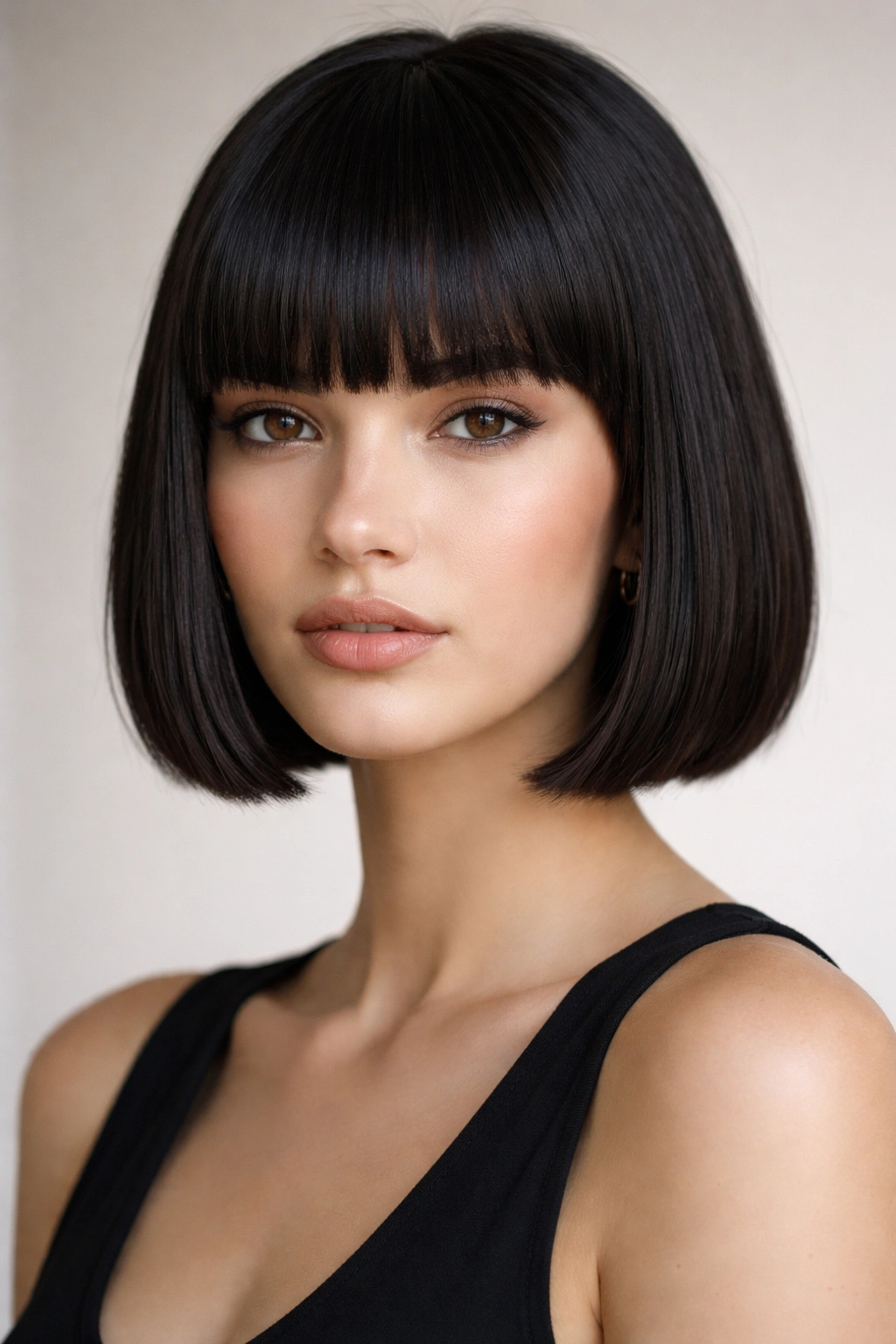 Bob with blunt bangs and a sharp, architectural silhouette