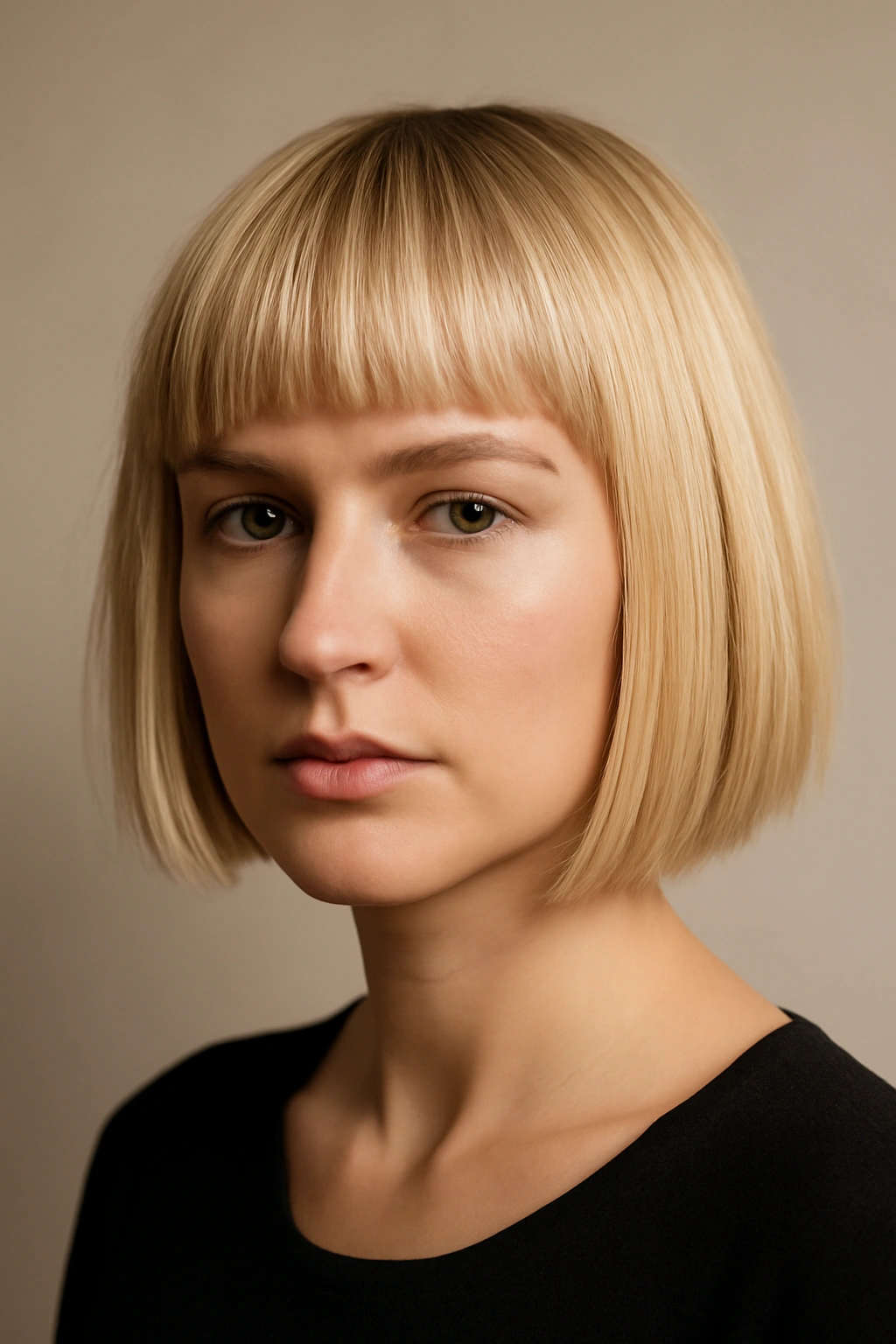 Close-up of blunt bangs short bob on platinum blonde with crisp straight fringe