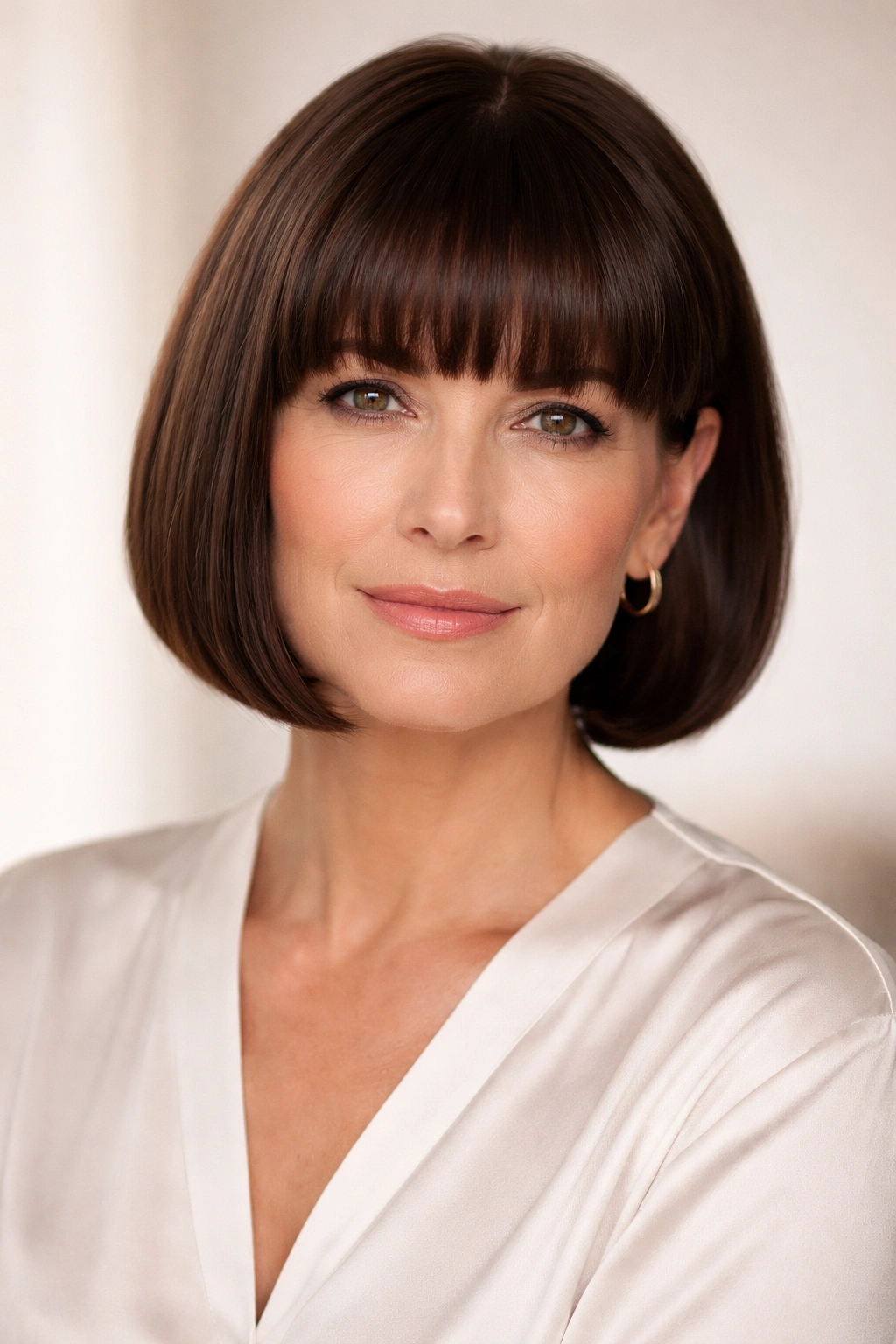 Frontal view of a blunt bangs bob highlighting sharp edges just above the eyebrows