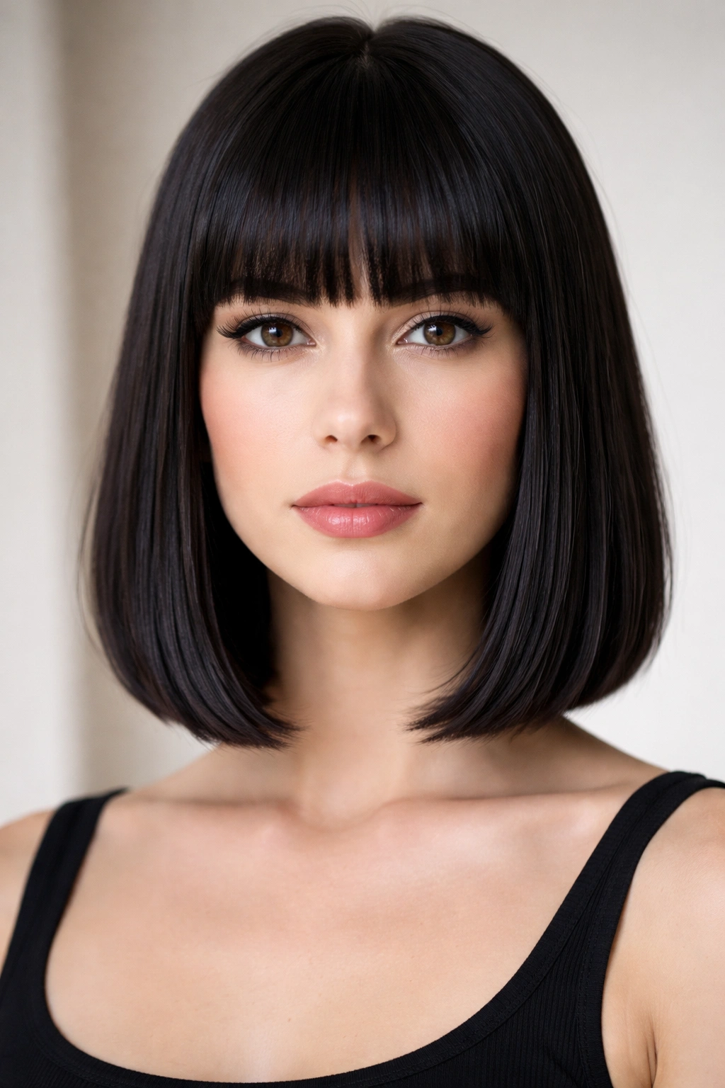 Blunt bangs bob on oblong face with straight hair