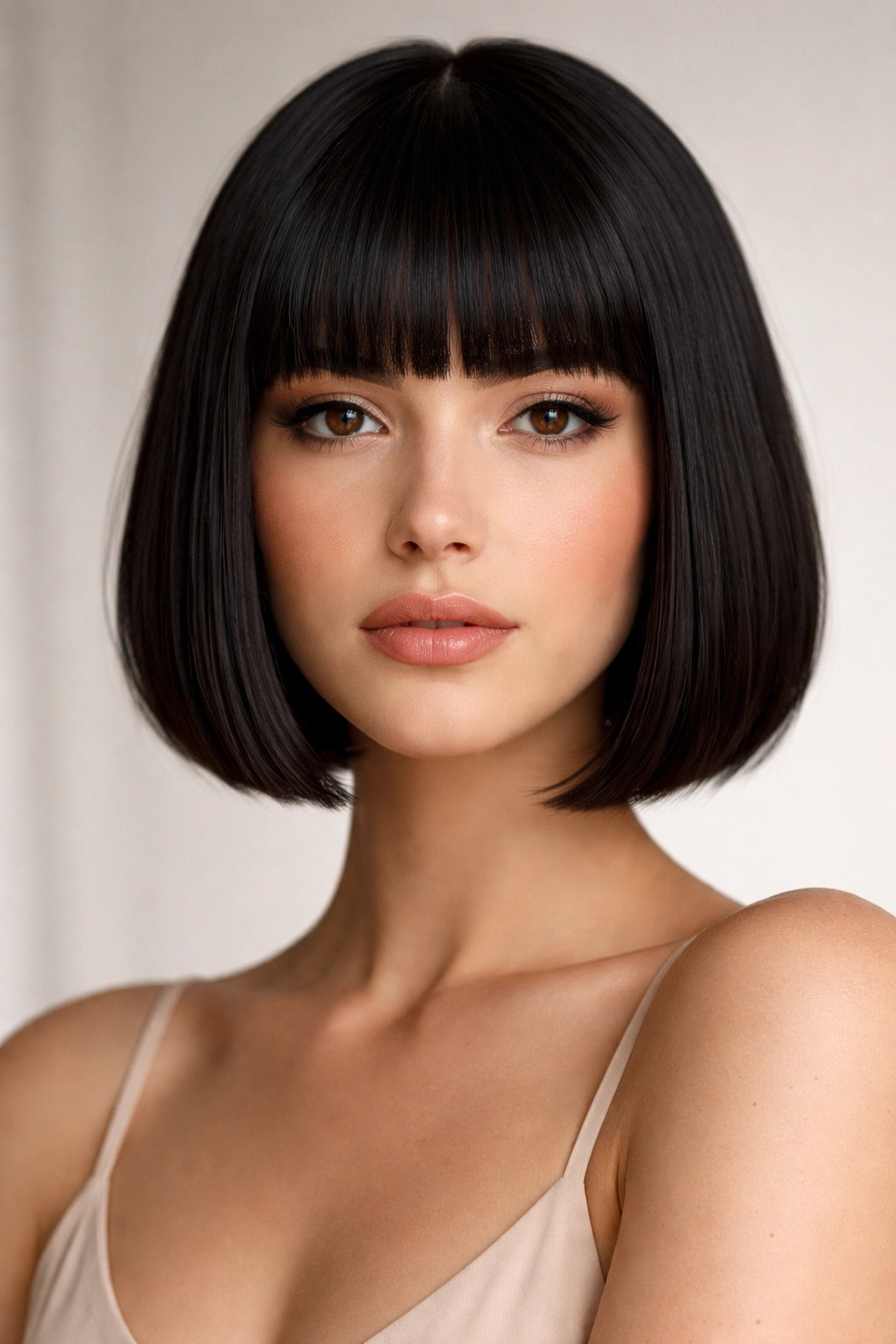 Portrait of a model with blunt bangs bob and crisp fringe.