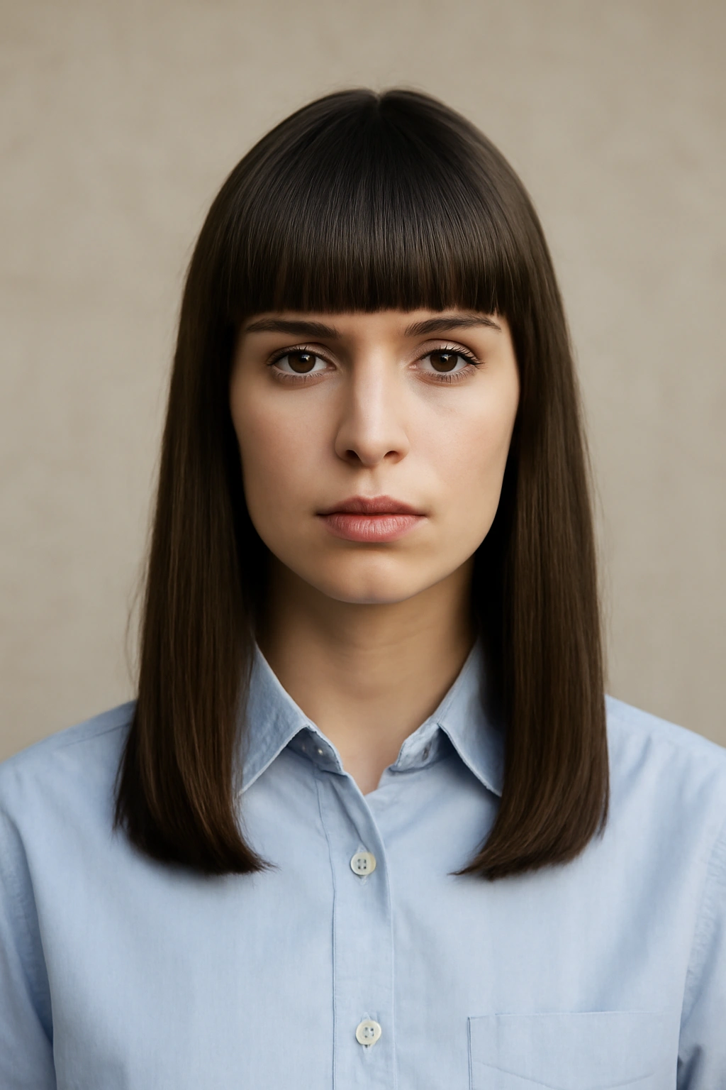 Model with blunt bangs and straight hair in front-facing pose