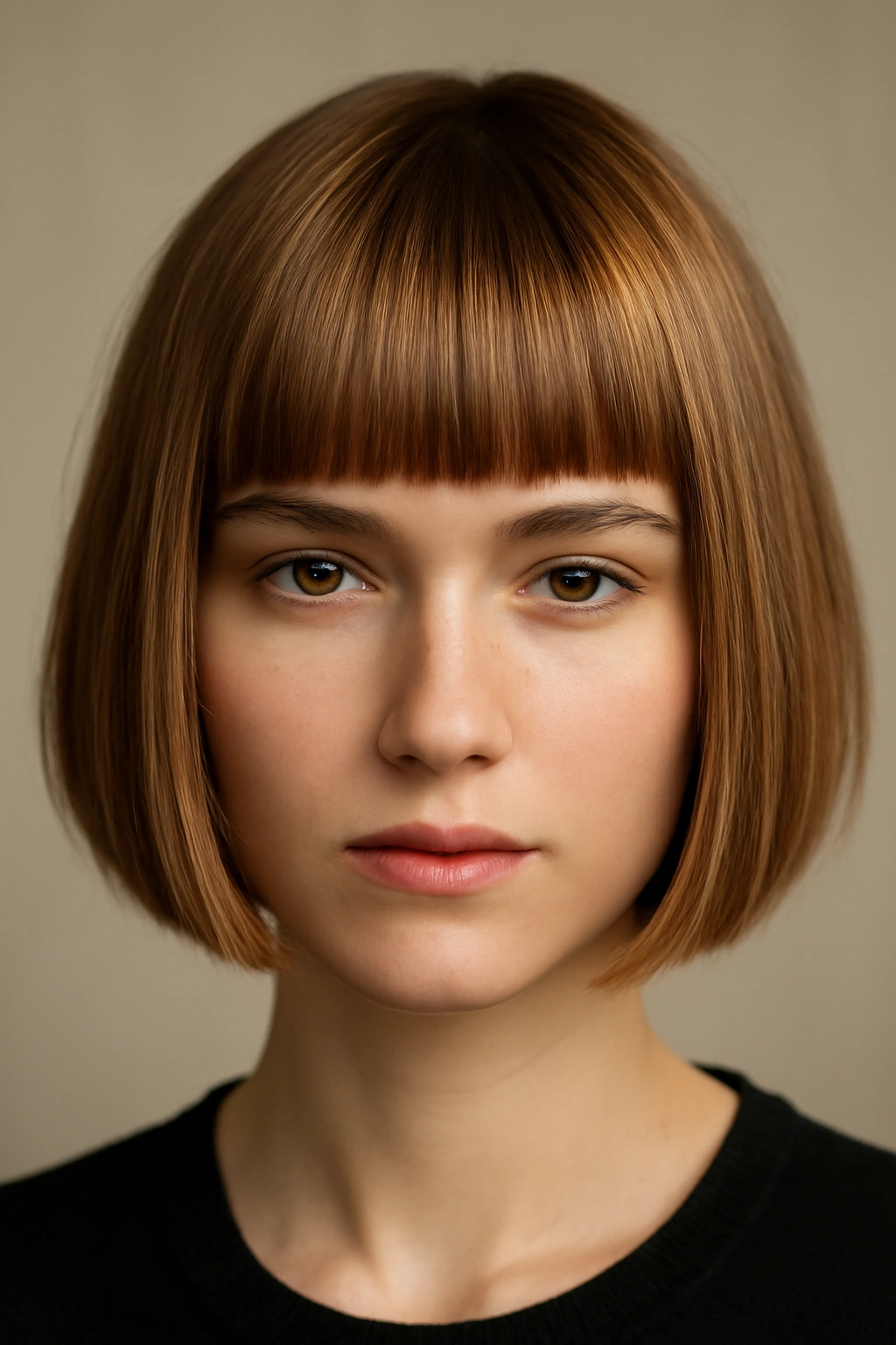Front view of blunt bangs with warm caramel color and straight fringe