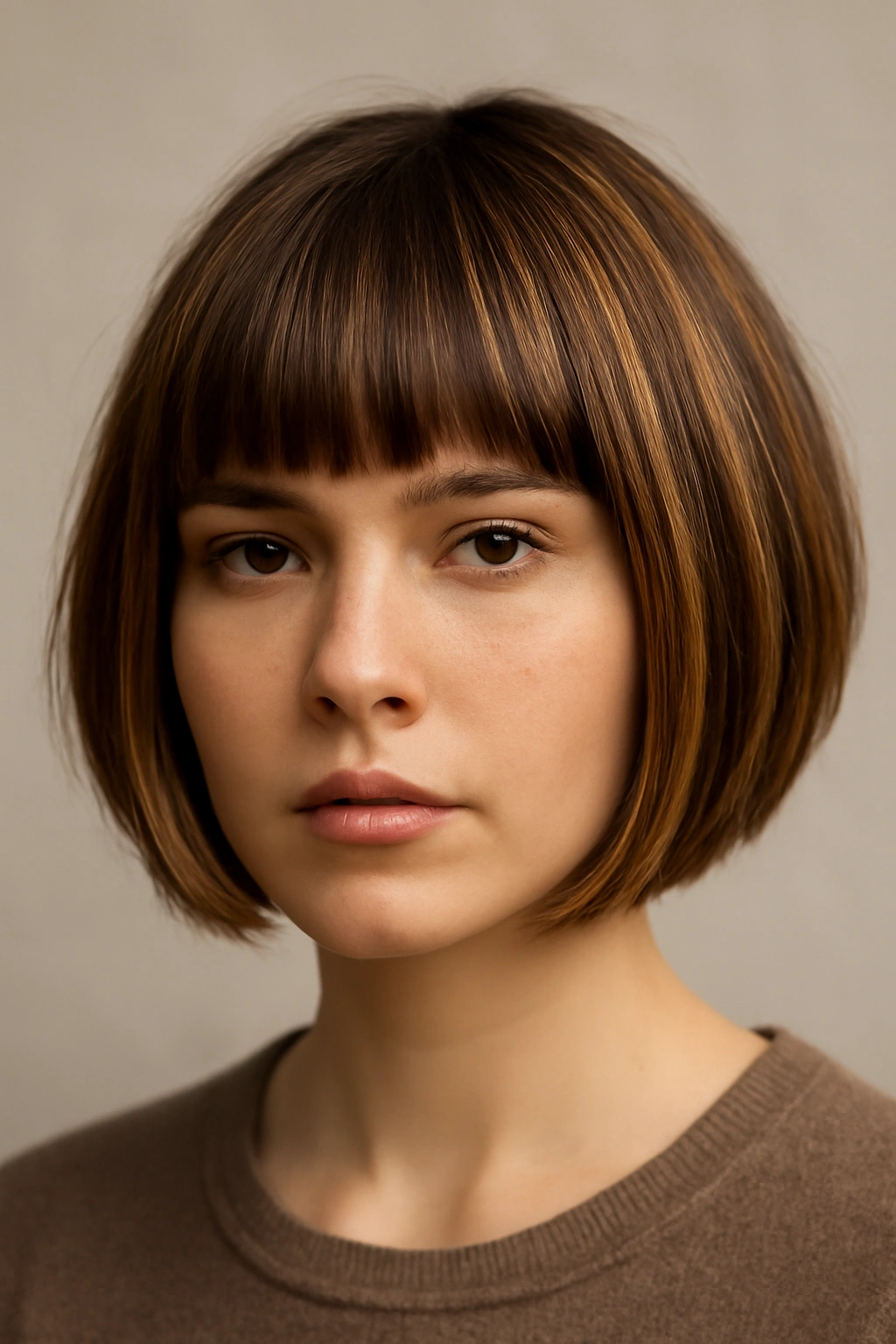 Short hairstyle with blunt bangs and caramel highlights enhancing color depth
