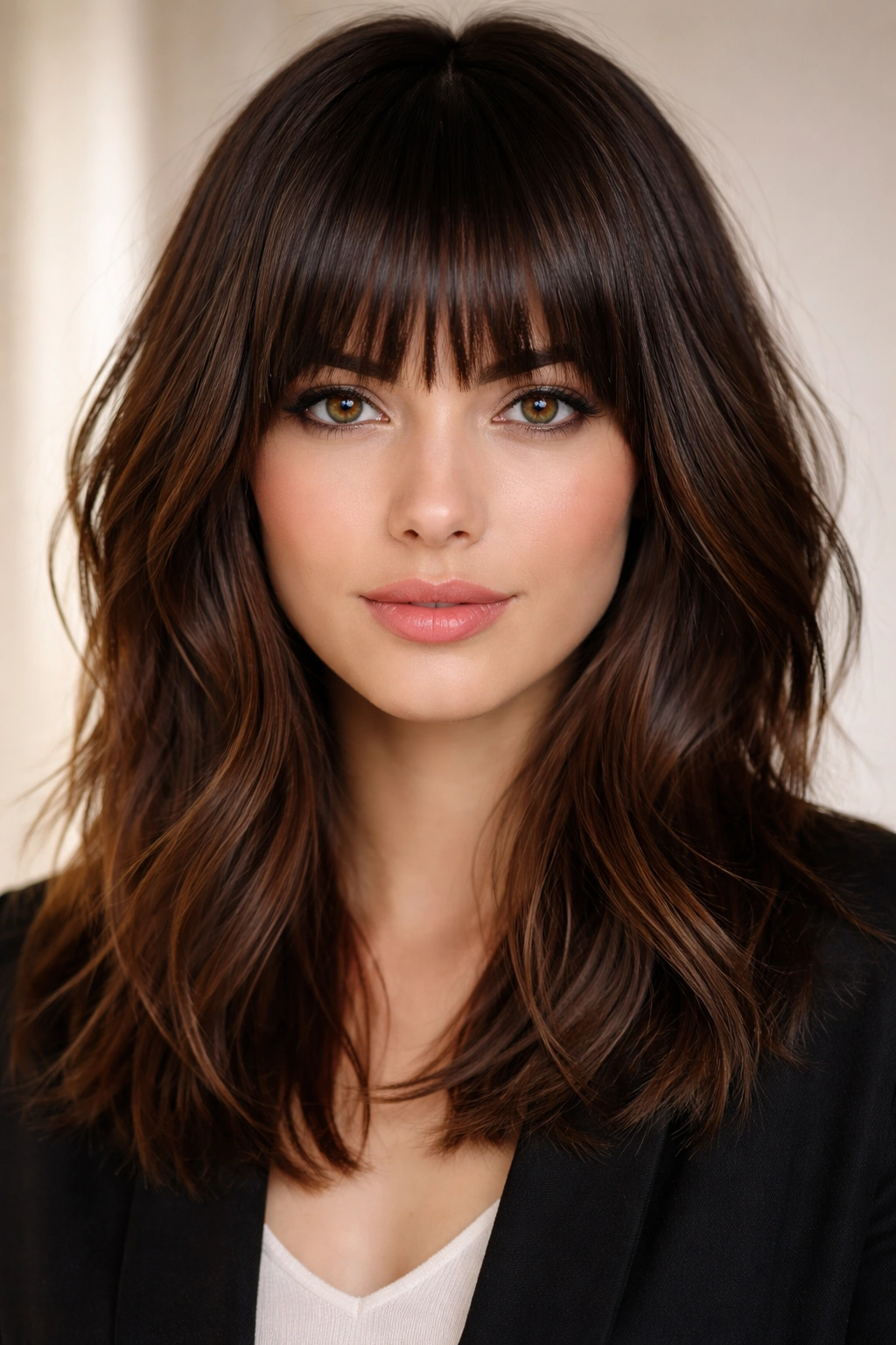 Front view of blunt bangs with hidden choppy interior layers catching light.