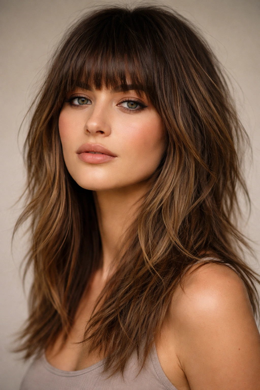 Blunt bangs with choppy textured layers showing sharp fringe and movement.