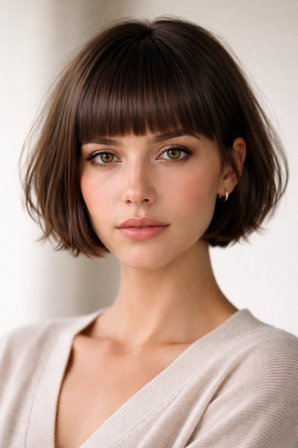 Close-up portrait showing blunt bangs crop with straight fringe and textured crown