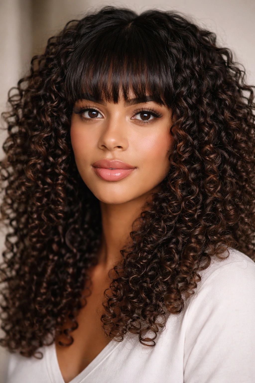 Close-up of blunt bangs on defined 3A–3C curls.