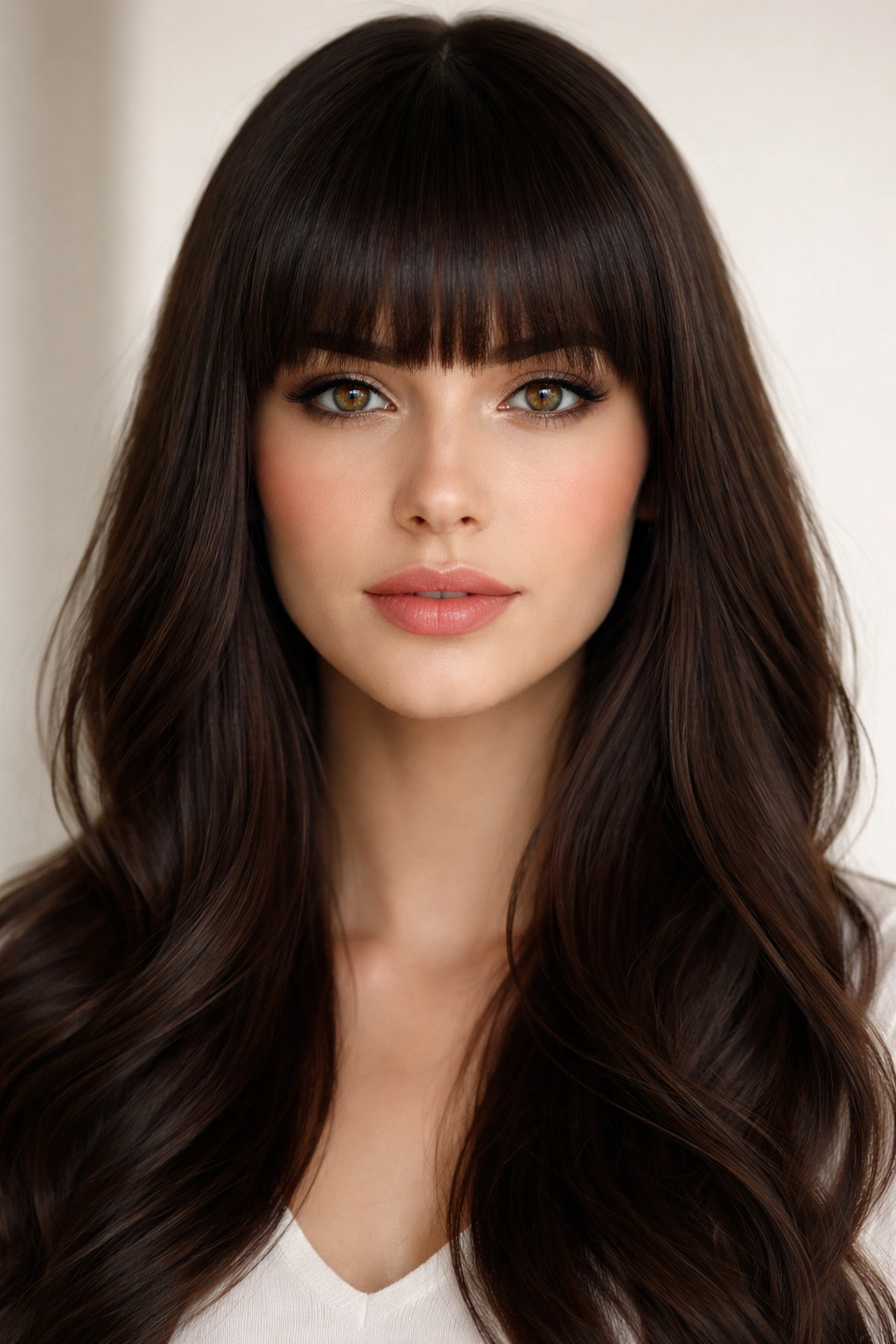 Face with full blunt bangs covering the forehead