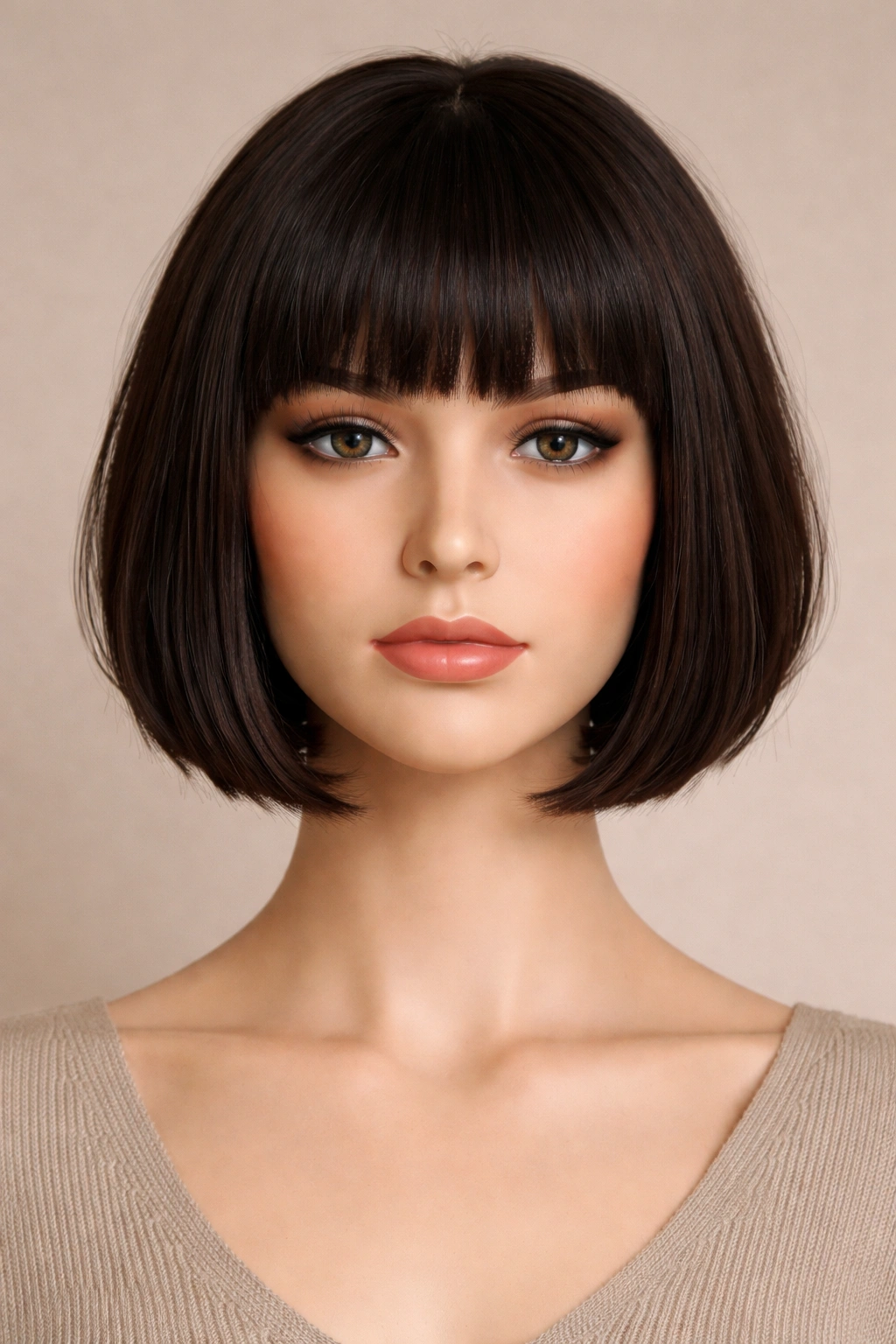 Mannequin head with blunt bangs and a short haircut, bangs across the forehead.