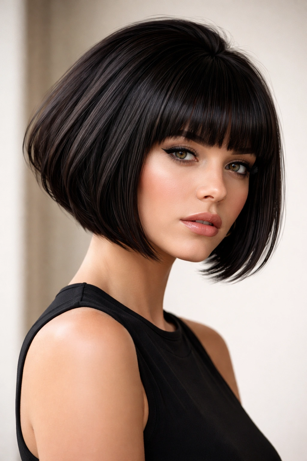 Inverted bob with blunt bangs and crown-height volume