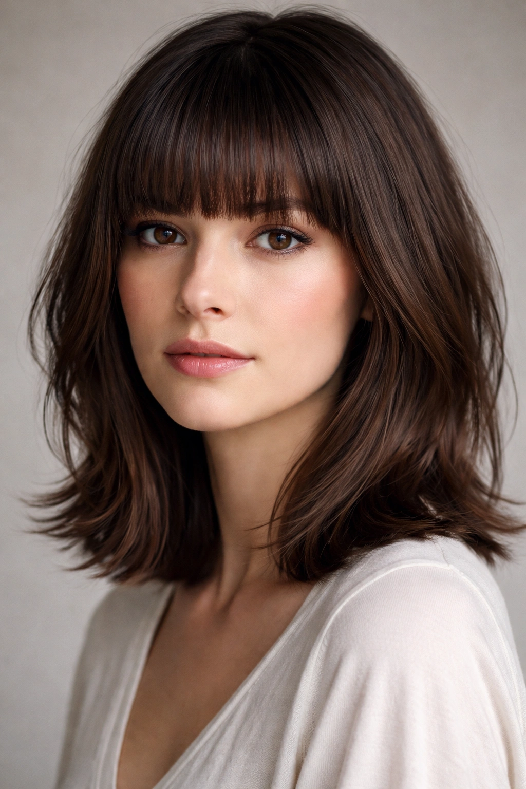 Close-up of blunt bangs with layered shoulder-length bob showing crisp horizontal line and texture