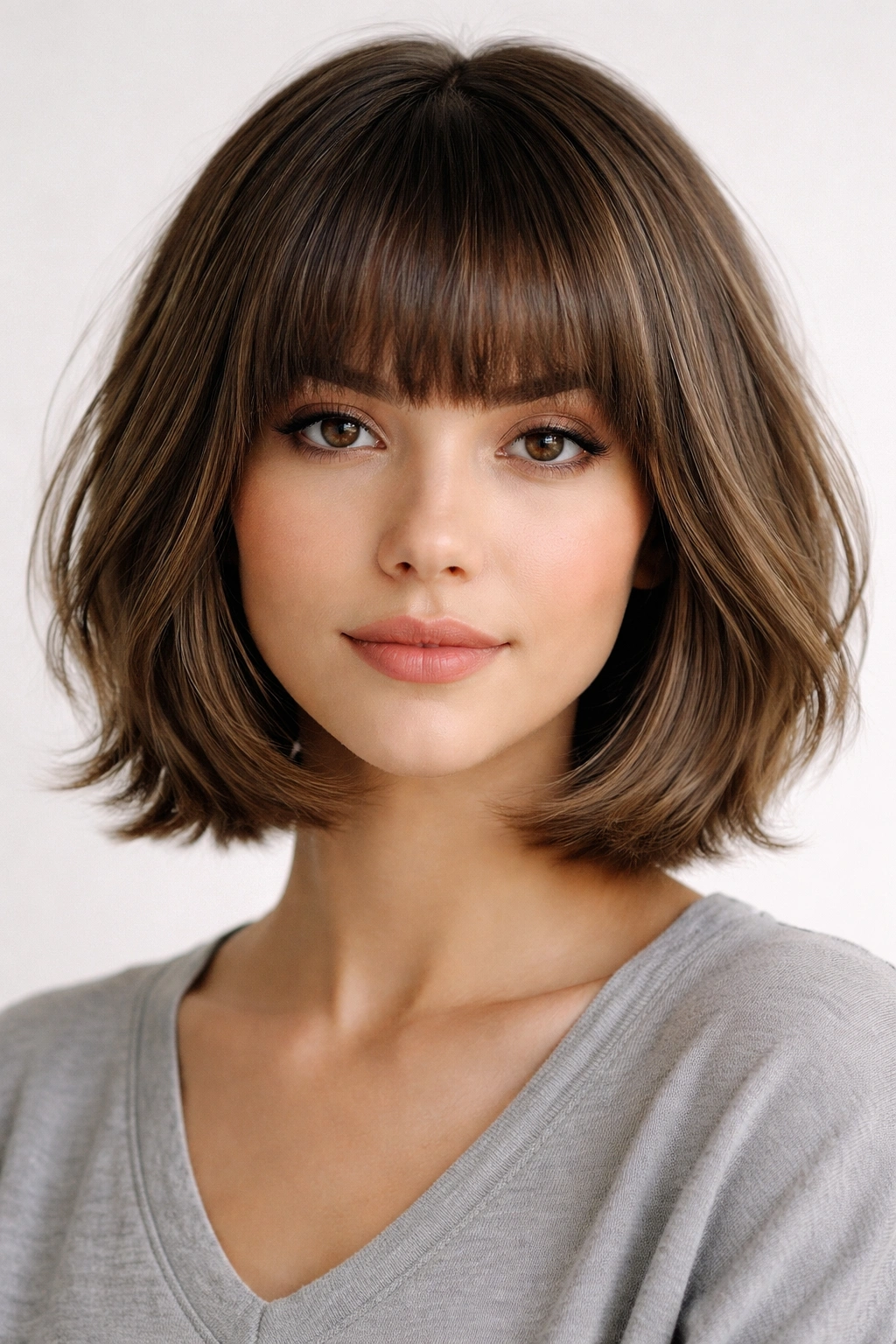 Chin-length bob with blunt bangs and layered underlayers