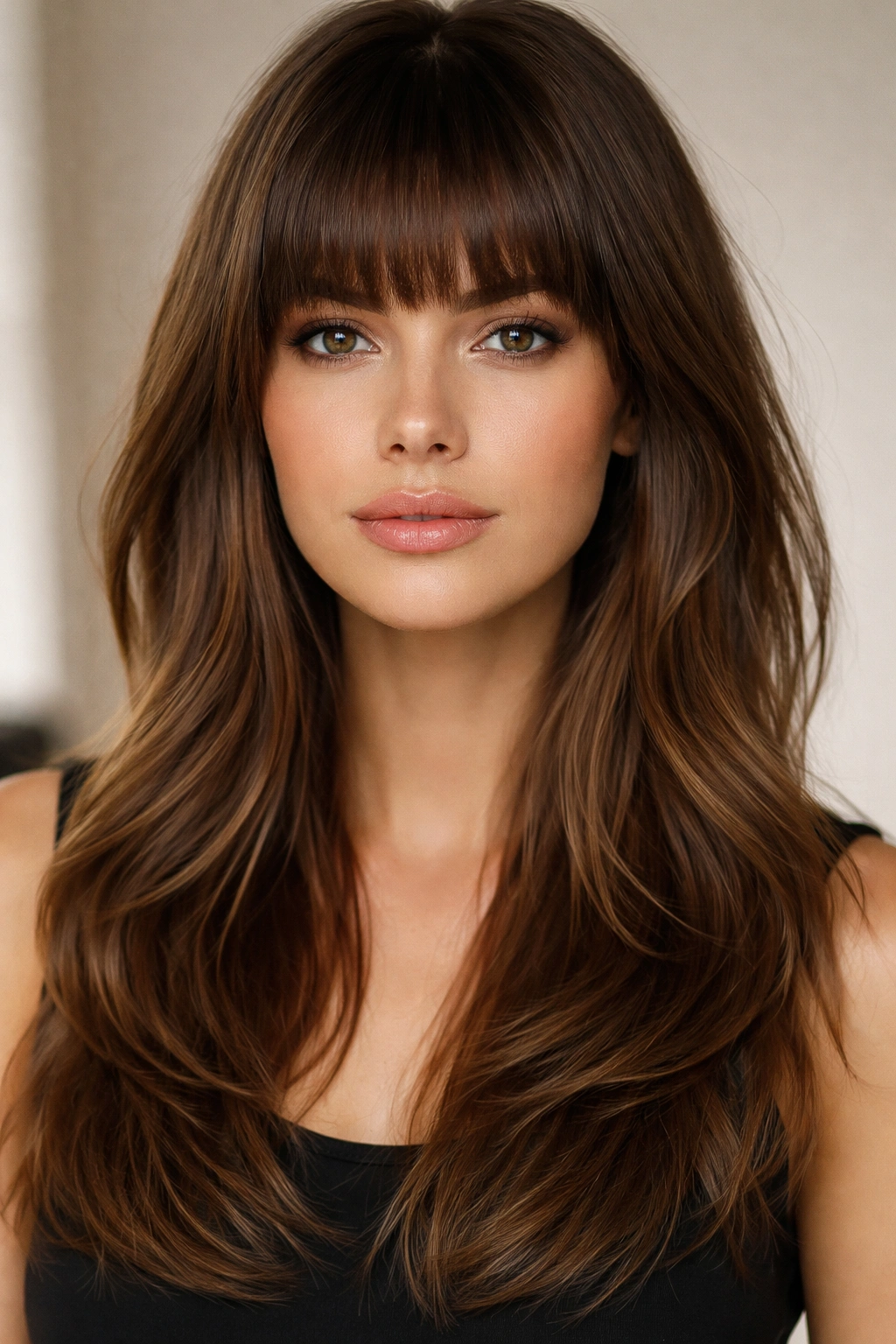 Blunt bangs above eyebrows with layered mid-length hair framing the face