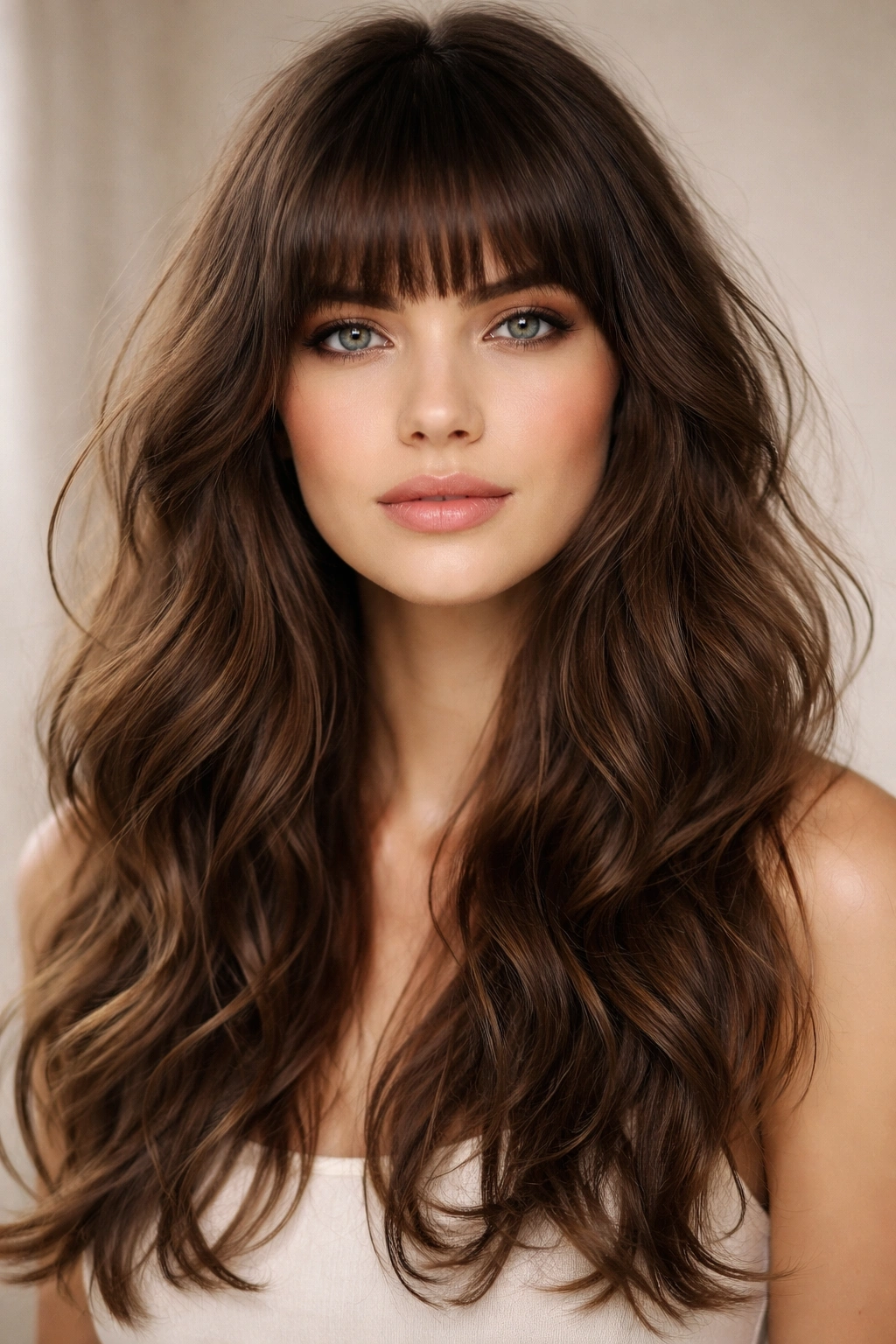 Blunt bangs on textured wavy hair in a studio portrait
