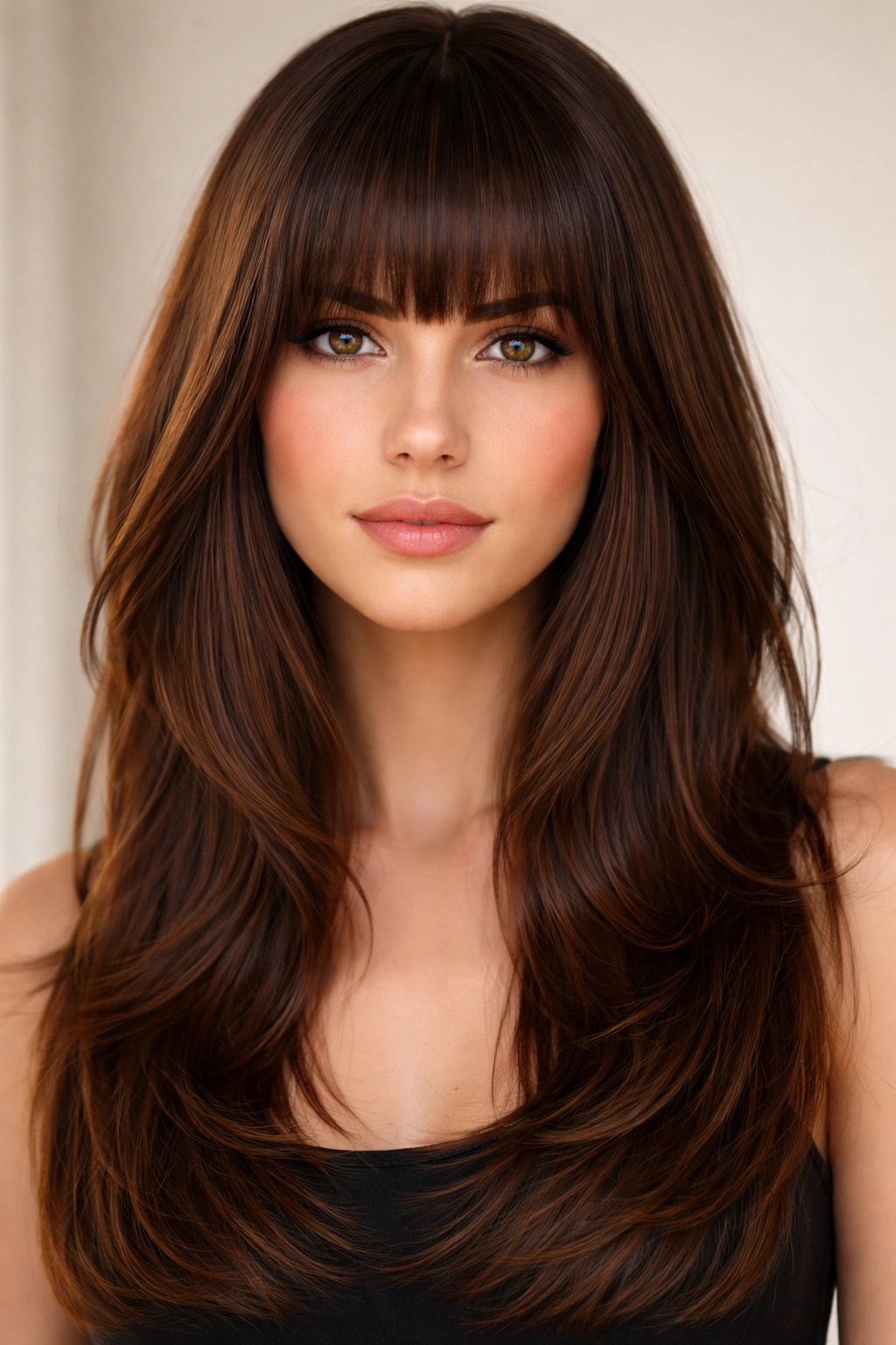 Medium-to-long hair with blunt bangs and layered sides