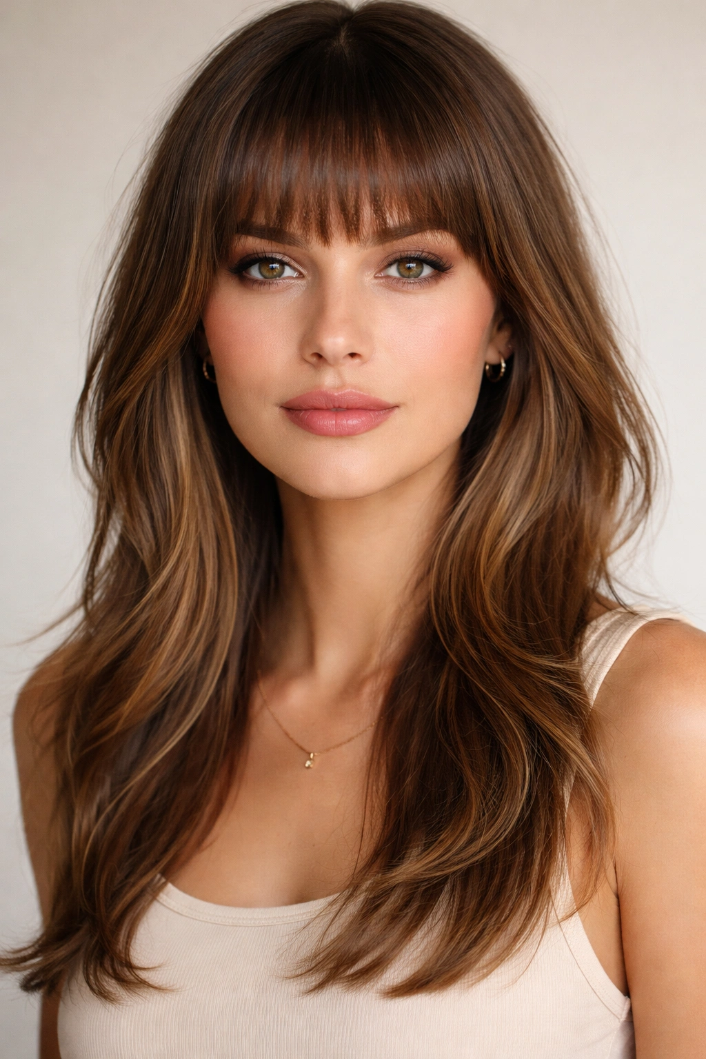 Close-up portrait of blunt bangs with layered hair creating width for a longer face