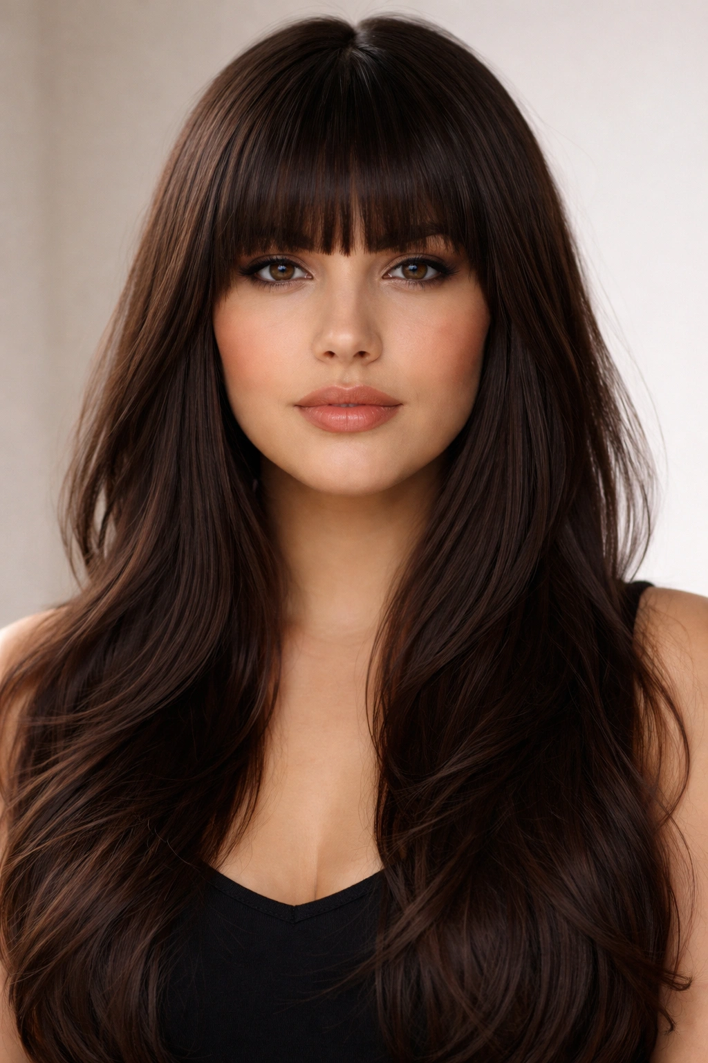 Close-up portrait of blunt bangs just above the eyebrows with long hair below