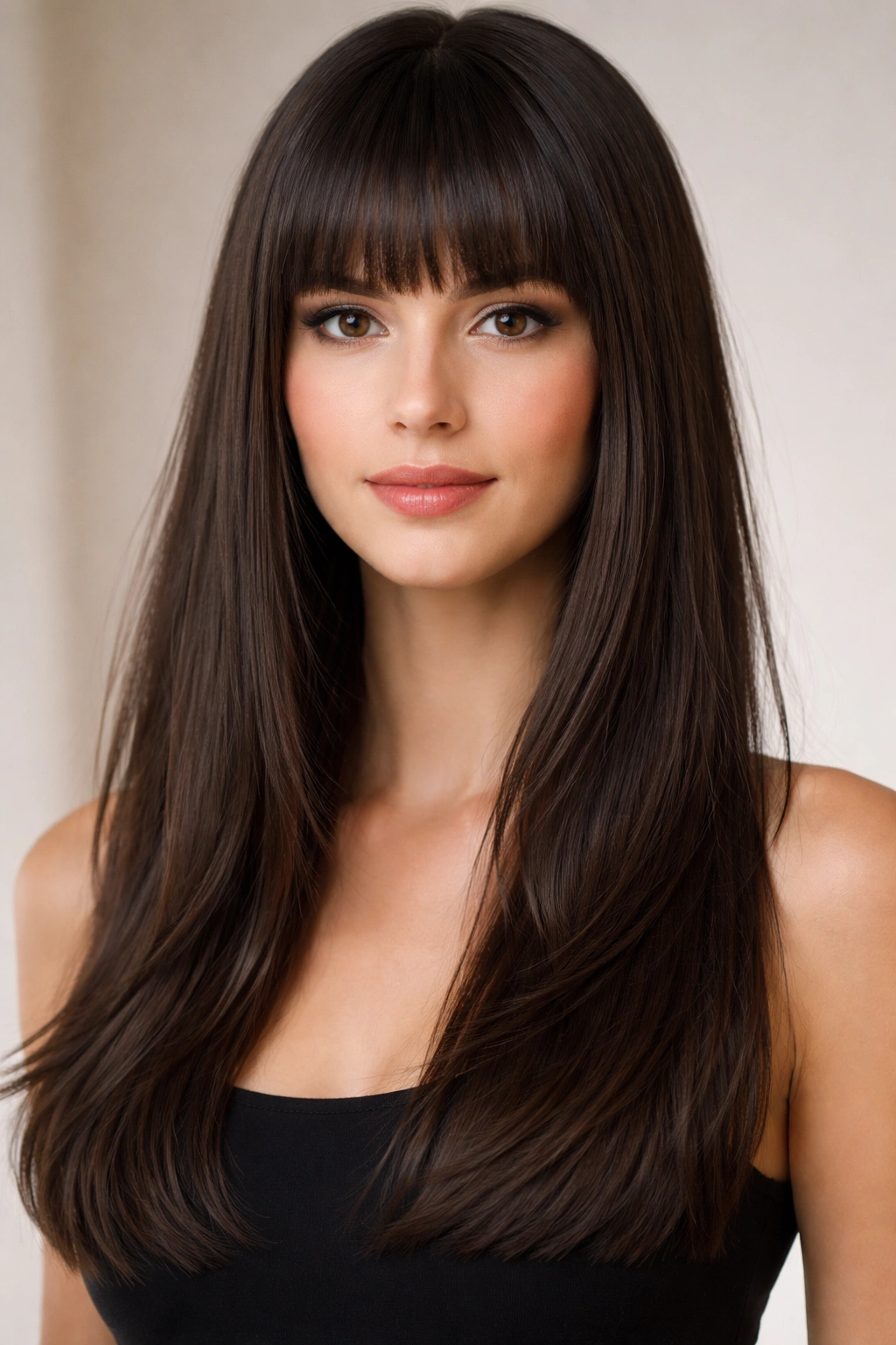 Portrait of hair with blunt straight-across bangs and long length below shoulders