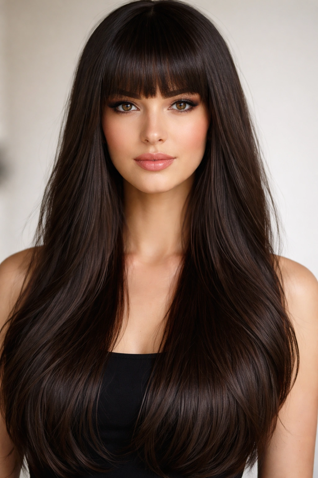 Long hair with blunt bangs forming a horizontal line across the forehead