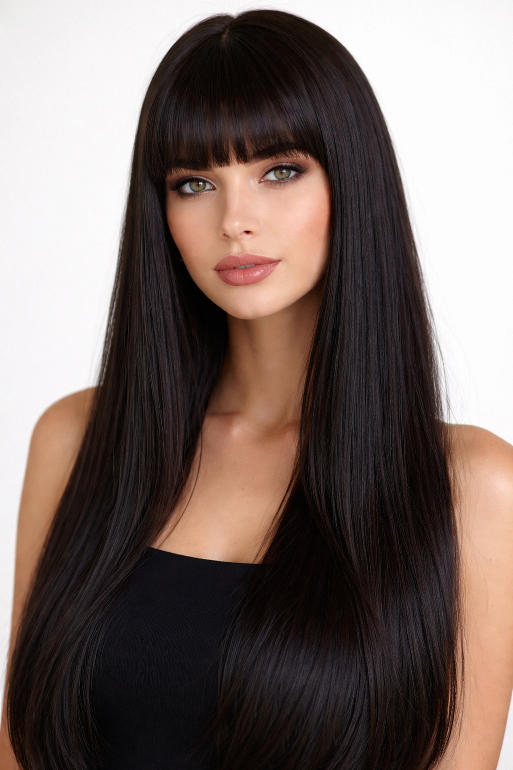 Model with blunt bangs and long straight hair in a clean studio portrait