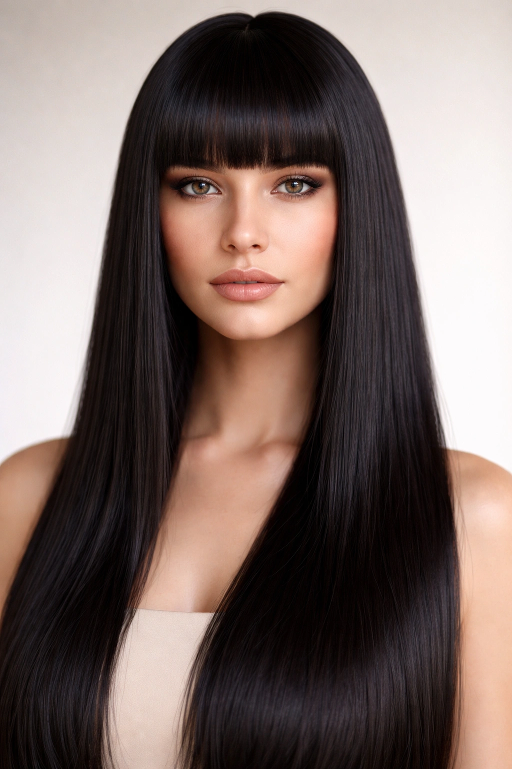Blunt straight bangs with long straight hair creating a graphic silhouette