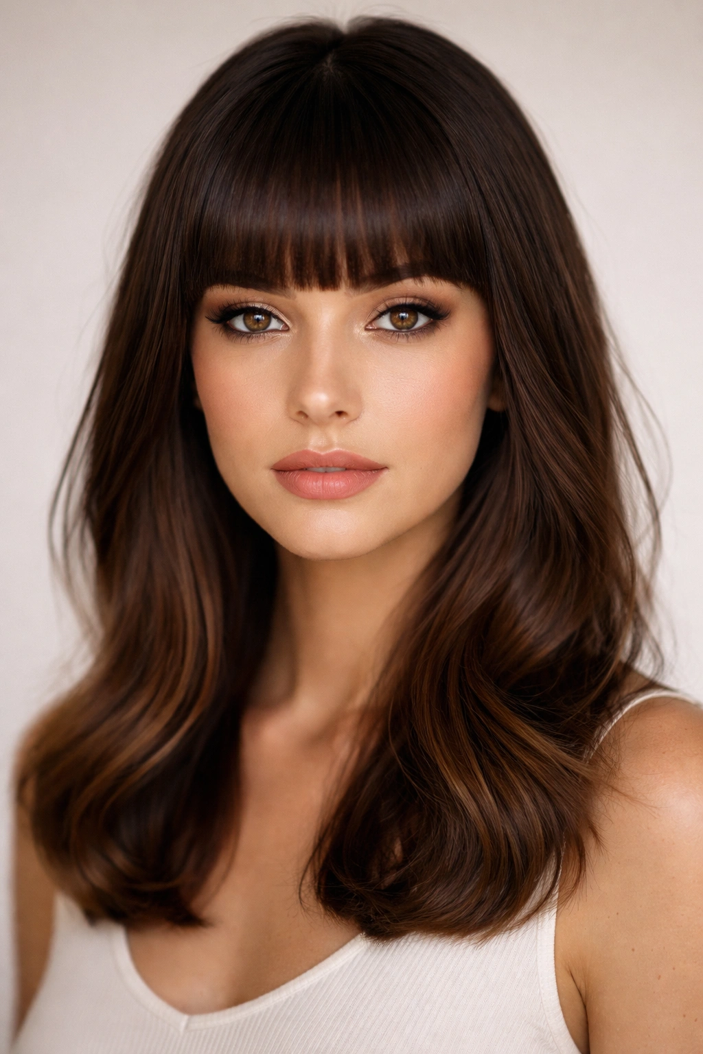 Portrait of a person with blunt straight-across bangs on medium-length hair